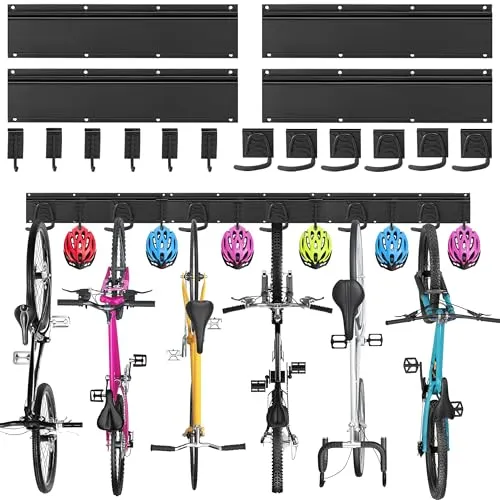 Sinoer Fahrrad-Wandhalter für 6 Fahrräder - Fahrradhalter für Garage oder Zuhause mit Platz für 6 Fahrräder und 6 Helme. Praktische Lösung für mehr Ordnung und einfachen Zugang zu Ihren Fahrrädern.