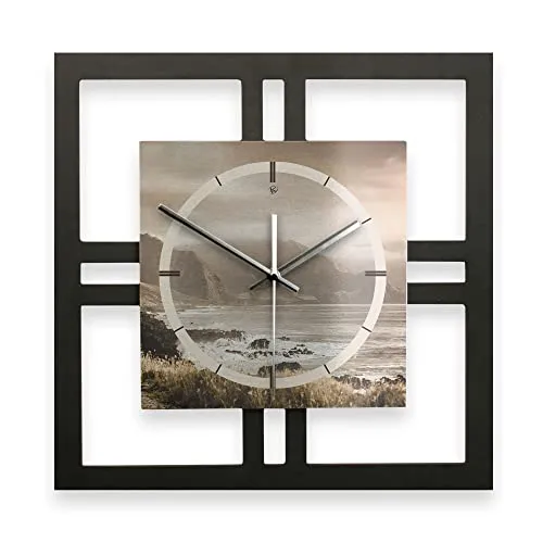 Kreative Feder Designer-WANDUHR „Küste“ in modernem Metallic-Look Silber-schwarz Größe 40x40cm ohne Tickgeräusche (Küste, leises Funkuhrwerk)