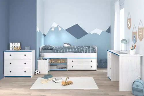 Parisot Jugendzimmer-Set Tivaro, (Kinderzimmer in Kiefer weiß, Komplett-Set 4-teilig), inklusive Blau und Pink