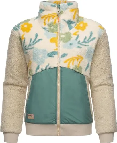 Ragwear leichte Damen Fleecejacke Kurze Teddyfleece-Jacke warm Plüschjacke mit Blumen-Muster Madaras Flower Beige Gr. 3XL