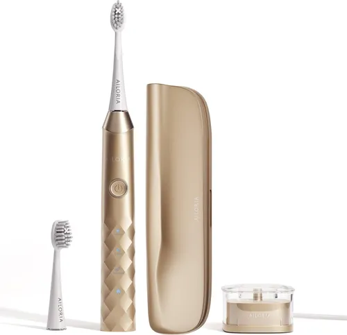 AILORIA Schallzahnbürste SHINE BRIGHT - USB-Schallzahnbürste mit 2 Aufsteckbürsten, dynamische Reinigungswirkung und Whitening-Funktion in elegantem Gold