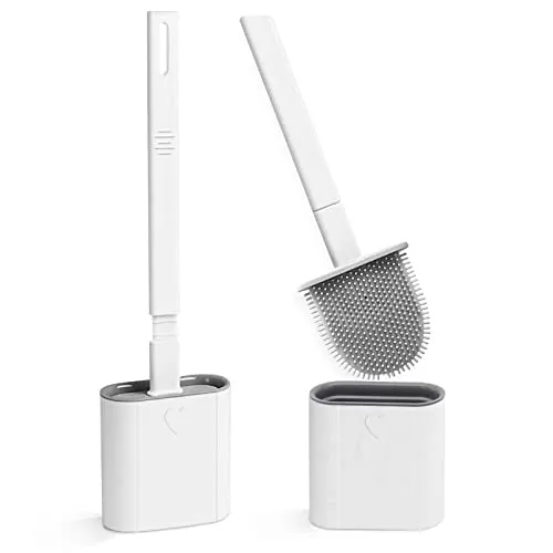 Canvint Klobürste Silikon – Flexible WC Bürste mit Flachem und Gebogenem Bürstenkopf für Wandmontage oder Stehend, für Bad und WC, Belüftet für Schnelles Trocknen – 2-Teiliges Set Weiß