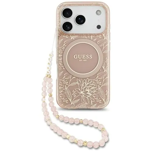 Guess Magsafe IML Case Flowers für iPhone 17 Pro – Pink mit Perlenriemen
