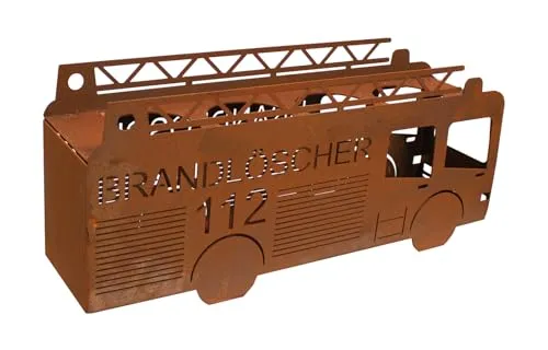 Feuerwehrauto Brandlöscher als Getränkehalter für 4 Bierflaschen 43x18 cm im Rost Design - Feuerwehr Auto für Bier Trinker, Gartendeko, Geschenkidee Feuerwehrmann
