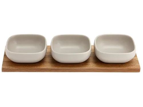 Ladelle ESSENTIALS Schalenset steingrau 4tlg. - Schüsseln aus hochwertigem Porzellan und Akazienholz, stilvolles Design mit 3 Schalen und 1 Untersetzer, ideal für ansprechende Tischdekoration.