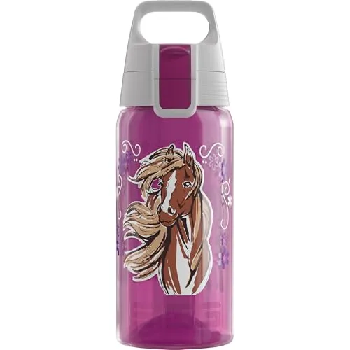 Sigg - Trinkflasche Kinder - Viva One Horse & Flower - Für Kohlensäurehaltige Getränke Geeignet - Auslaufsicher - Spülmaschinenfest - BPA-frei - Sport & Schule - Pink mit Pferden & Blumen - 0,5L