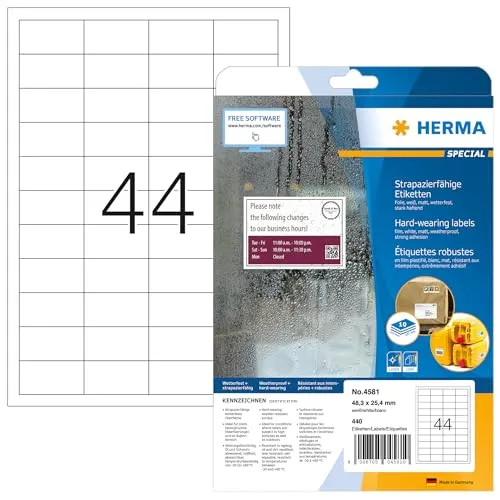 HERMA 4581 Wetterfeste Folienetiketten, 320 Blatt, 48,3 x 25,4 mm, 44 pro A4 Bogen, 14080 Stück, selbstklebend, bedruckbar, matt, blanko Klebeetiketten Aufkleber aus Folie, weiß