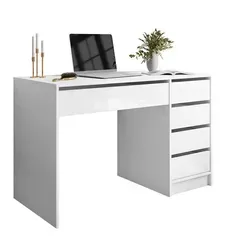 Schreibtisch MADA Weiß Hochglanz - Eleganter Kinderschreibtisch mit 4 geräumigen Schubladen und ausziehbarer Ablage. Hergestellt aus hochwertiger laminierter Spanplatte, wasserbeständig und perfekt für Ordnung im Kinderzimmer.