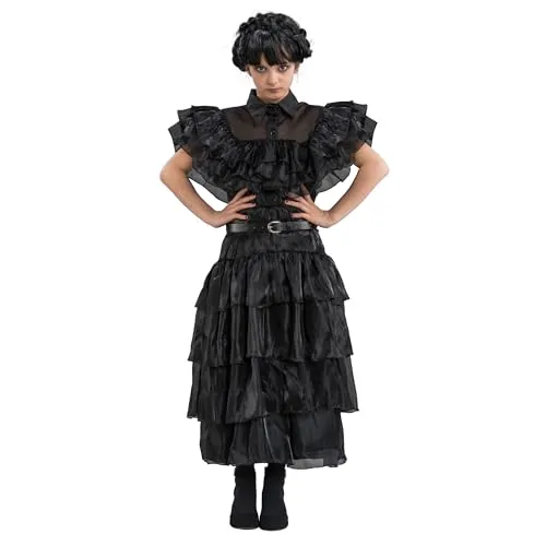 Chaks - Wednesday Ballkleid für Kinder - Kostüm in Größe 152 cm, inspiriert von der Netflix Serie Wednesday. Auffälliges schwarzes Kleid mit Rüschen und passendem Gürtel für einen dramatischen Auftritt zu Halloween, Karneval oder Mottoparty.