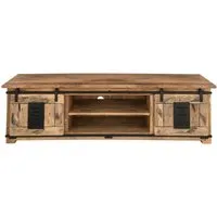 MR.DEKO Kommode Florenz Mango Vintage 180 x 55 x 50 cm - Türkommode im einzigartigen Mango Vintage Design, bietet viel Stauraum mit 3 Schubladen und 2 Schiebetüren für ein gemütliches Ambiente.
