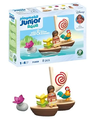 playmobil Spielset JUNIOR und Disney 71459 - Vaianas Katamaran - Experimentieren mit dem schwimmenden Katamaran, ideal für Kinder ab 1 Jahr. Inklusive Vaiana, Hahn und spritzenden Blumen für kreativen Badespaß!