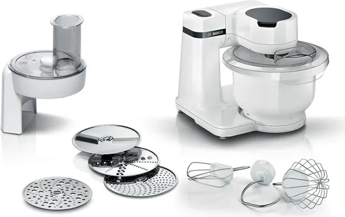 BOSCH Küchenmaschine Serie 2 MUMSAW01 - 700 W, 5,6 l Kunststoffschüssel, vielseitig mit Durchlaufschnitzler und 4 Scheiben für kreative Küchenideen