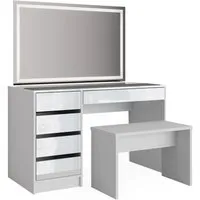 Schminktisch Sherry weiß hochglanz mit LED Spiegel - Eleganter Frisiertisch mit 5 Schubladen und hochwertiger Hochglanzoberfläche, ideal für eine stilvolle Schminkroutine und zur Aufwertung jedes Schlafzimmers.