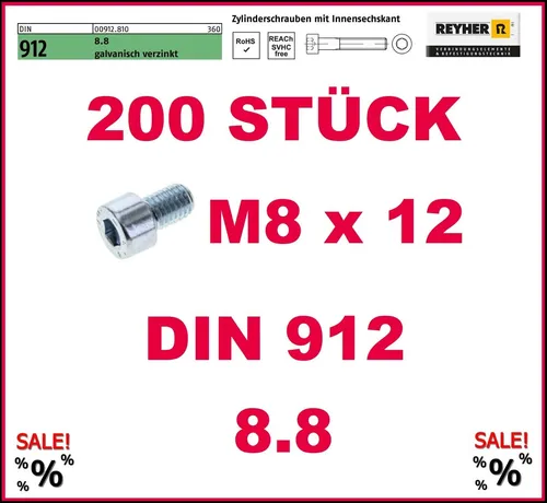 STÜCK Zylinderschraube DIN 912 Innensechskant M 8 x 12 mm 8.8 gal. verzinkt 200