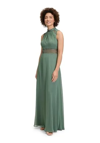 V.M. Abendkleid mit Stehkragen in Schilf, Größe 32 - Elegantes Maxikleid aus fließendem Chiffon, mit figurumspielendem Schnitt und raffiniertem Cut-Out auf der Rückseite – ideal für besondere Anlässe.