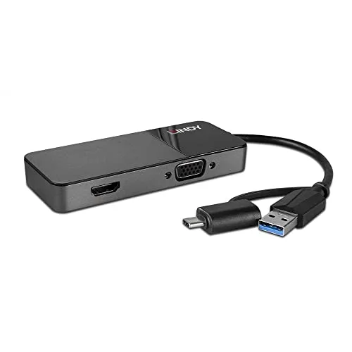Lindy Videoadapter - USB Typ A zu HD-15 (VGA) & HDMI, 10 cm - USB-Kabel, -Hubs & -Adapter, vielseitiger Videoadapter für einfache Verbindung von VGA und HDMI, ideal für Präsentationen und Multimedia-Anwendungen.