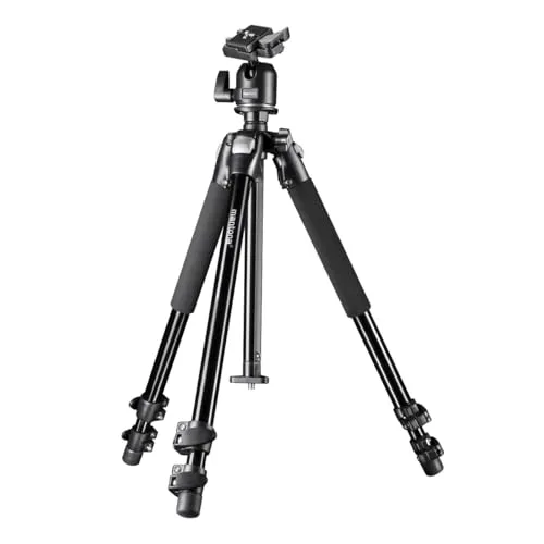 Mantona Basic Scout Makro Fotostativ - Vielseitiges Stativ für Outdoor-Fotografie mit bis zu 153 cm Arbeitshöhe und 8 kg Tragkraft, ideal für Makrofotografie dank umkehrbarer Mittelsäule.