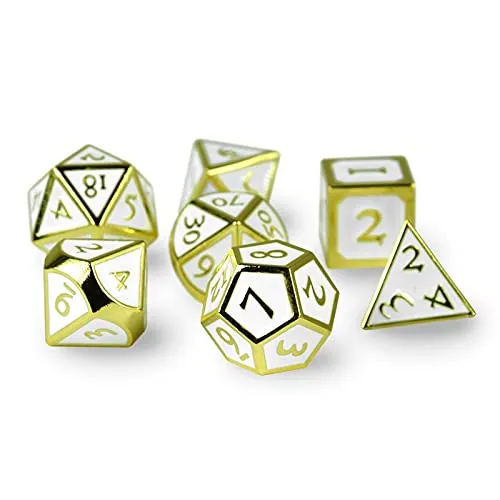 Pen & Paper Polyeder Würfel 7-teilig aus Metall (Gold/Weiß Steampunk) - EDLES METALL-WÜRFELSET – Das 7-teilige Set umfasst D20, D12, D10, D8, D6 und D4. Perfekt für RPGs wie Dungeons and Dragons. LANGLEBIG und leicht zu rollen, ideal für jeden Spieler. Praktische Aufbewahrungsbox für sicheren Transport.