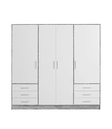 FORTE Jupiter Kleiderschrank 4-türig - Kleiderschrank in Betonoptik Grau und Weiß mit 6 Schubladen, pflegeleichter Oberfläche und viel Stauraum für Ihre Kleidung.