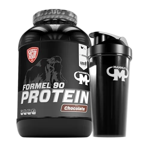 Mammut Nutrition Formel 90 Proteinpulver Schokolade 3 kg – 4-Komponenten Protein für aktive Ernährung - HOHER PROTEINGEHALT – Mit 77% hochwertigem Protein aus vier Quellen, ideal für Sportler. VIELSEITIGE ANWENDUNG – Perfekt als Shake oder Zutat in Müsli und Smoothies. PRAKTISCHES SET – Inklusive auslaufsicherem Shaker für unterwegs.