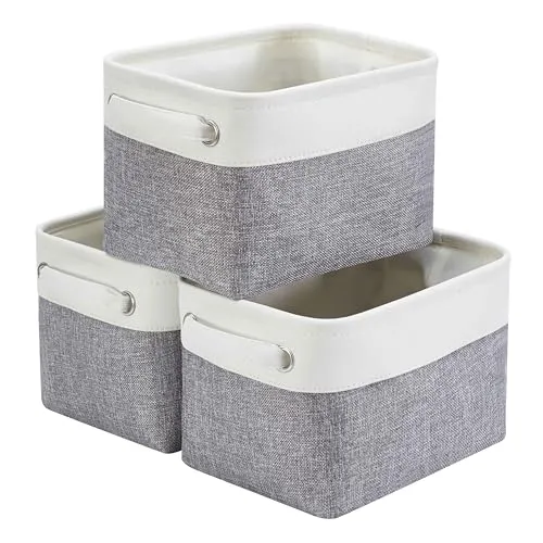 Mangata Kleine Canvas-Aufbewahrungsbox, Stoff-Aufbewahrungskorb mit Griffen für Schränke, Regale, Kleidung, Spielzeug (3 Stück, faltbar, grau-weiß)