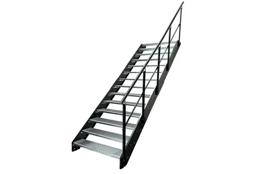 Premium Außen-Treppe 14 Stufen mit Geländer in Anthrazit - Robuste Treppe für den Außenbereich, gefertigt aus verzinktem Stahl. Inklusive Wangen, Stufen und Montageset für einfache Installation. Ideal für den professionellen Einsatz und langlebig.