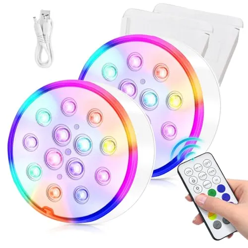 HOSPAOP Poolbeleuchtung Unterwasser LED Licht Wiederaufladbare, Wasserdichte mit RF Fernbedienung, USB, Timer, RGB 13 LEDs für Pool Whirlpool Aquarium Teich Vase Party Beleuchtung, 2 Stück