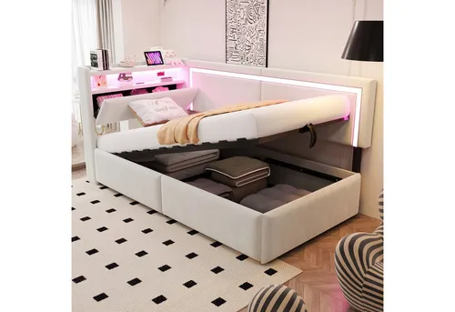 Flieks Daybett 90x200cm mit hydraulischem Stauraum und LED-Leiste - Stylisches Polsterbett in Beige, ausgestattet mit praktischem Stauraum und modernen LED-Leuchten. Ideal für kleine Räume und optimalen Komfort.