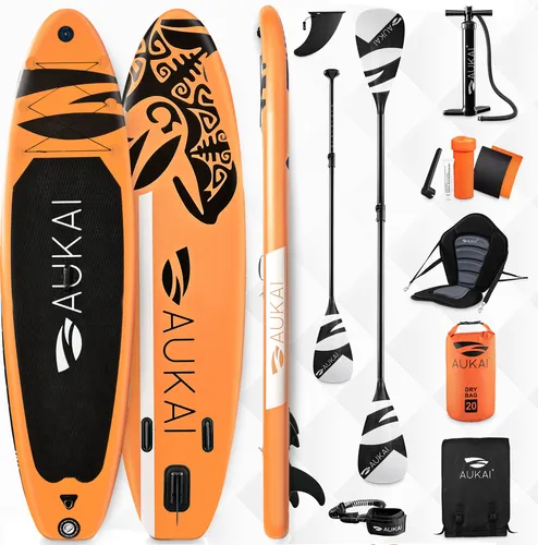 Aukai SUP-Board PRO 320cm - 2in1 Aufblasbares Paddle Set mit Kajak-Sitz - SUP-Board mit 320cm, ideal für Anfänger und Profis. Inklusive Kajak-Sitz, Doppelpaddel und 5 Jahre Garantie. Robustes Design und hohe Tragkraft bis 200kg für unvergessliche Wasserabenteuer!