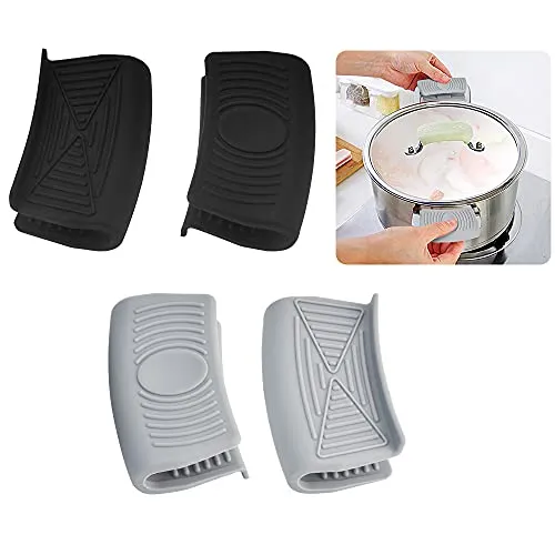 ANTHYTA 4 Stück Silikongriffe für Töpfe Hitzebeständig Silikon Assist Griff Klemmgriff Silikon Topfhandschuhe Topfgriff Hitzeschutz Klemmgriffen für Ofenschalen Gusseiserne Bratpfannen Schwarz Grau
