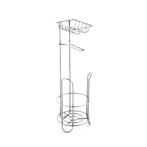 MSV Klopapierhalter mit Ablage, schmaler Toilettenpapierhalter stehend aus Metall, freistehender Toilettenpapierständer für insgesamt 3 Rollen, Silber