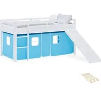Homestyle4u Hochbett, Blau-Weiß, 90x200 cm - Robustes Hochbett aus Kiefer mit abnehmbarem Stoffvorhang, der eine kreative Spielhöhle im Kinderzimmer schafft. Flexibel montierbare Rutsche und Leiter bieten Spaß und Sicherheit.