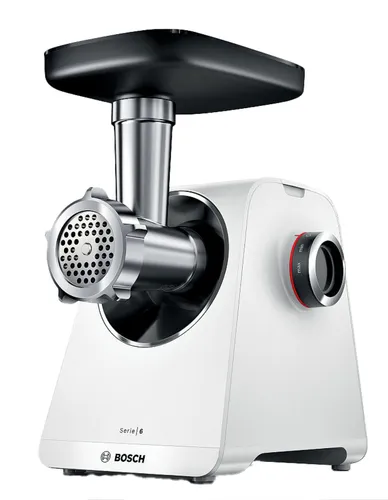 Bosch MultiPower Serie 6 Fleischwolf MFWS607W - Fleischwolf mit 2.100 W Motorblockleistung, ideal für die schnelle Verarbeitung von bis zu 3,5 kg Fleisch pro Minute. Vielseitig für Kebbe, Würste und mehr.