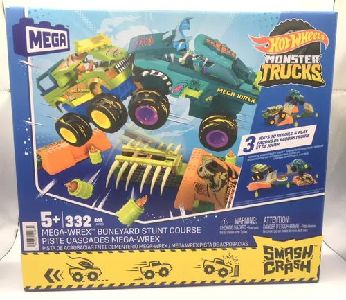 MEGA Hot Wheels Monster Trucks Bauspielzeug - Actionfiguren für Kinder: 332-teiliges Smash & Crash Mega-Wrex Stuntparcours mit beeindruckender Sprung- und Crash-Funktion, ideal für kreative Spielstunden.