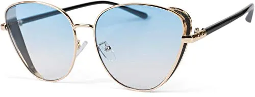 styleBREAKER Damen Cateye Sonnenbrille mit Glitzer Element, Metall Rahmen und Polycarbonat Gläser, Katzenaugen Form, Retro Look 09020104, Farbe:Gestell Gold/Glas Blau getönt