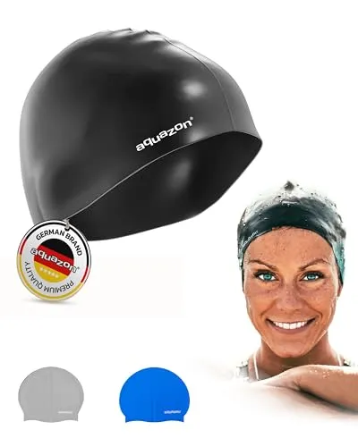 AQUAZON Premium Badekappe Damen, Herren für Erwachsene - extra Flexibles Silikon für angenehmes Tragegefühl - Bademütze mit UV Schutz - Badehaube inkl. Dry Bag für Aufbewahrung