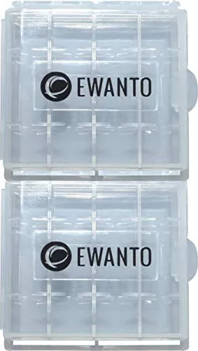 2X EWANTO Batteriebox/Akkubox zu Aufbewahrung von 4 STK. Mignon (AA) oder Micro (AAA) Batterien und Akkus transparent mit Logo