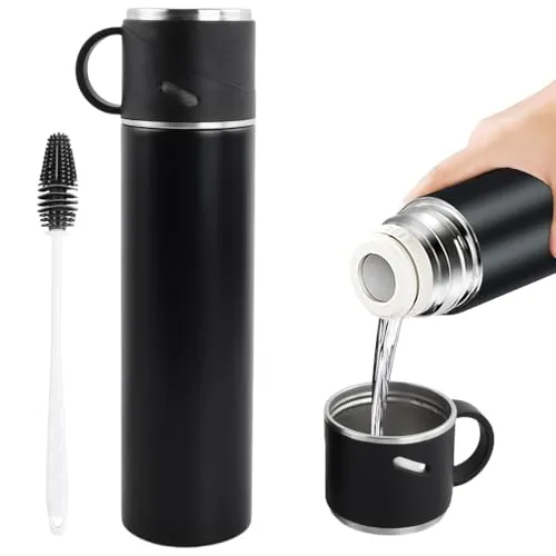 Thermosflasche Edelstahl mit Silikonflaschenbürste, Thermoskanne 580ml mit Deckel und Griff Thermosbecher Auslaufsicher Getränke Heiß/Kalt Isolierflasche Trinkflasche für Sport Arbeit (Schwarz)