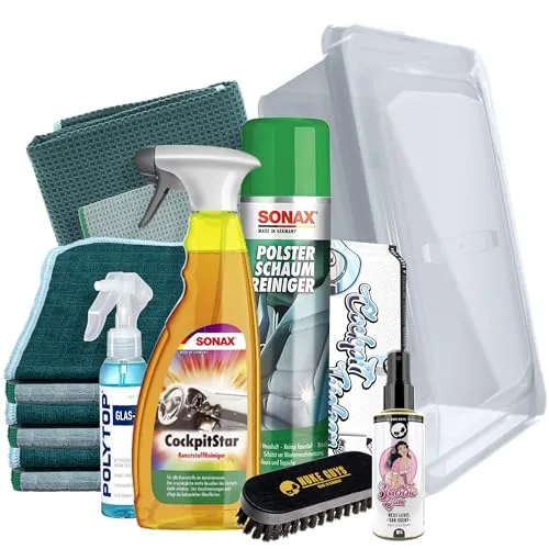 Auto Reinigungsset Innen | Sonax CockpitStar 750ml Kunststoffreiniger + Polsterreiniger 400ml + 6x Mikrofasertuch + Duftspray + Cockpittücher + Reinigungsbürste + Glasreiniger + 2x Scheibentuch