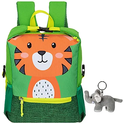 Fabrizio Rucksack Kinder Jungen Mädchen PET Recycling Kinderrucksack Katze, Tiger oder Hund Kindergartenrucksack + Elefant-Anhänger (Tiger Tom)