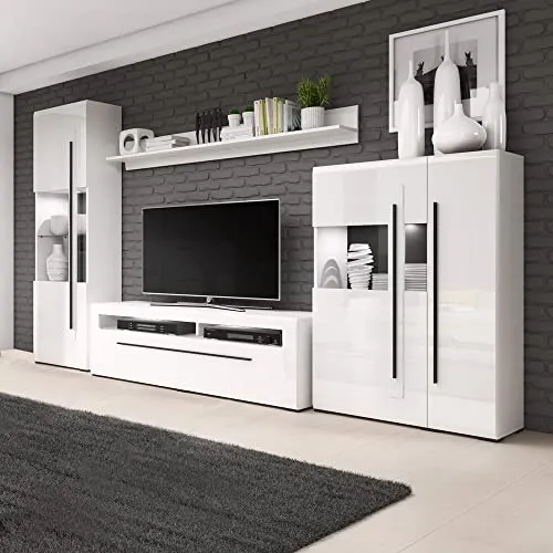 Moderne Wohnwand Set in Hochglanz Weiß mit Vitrine - TV-Möbel & Schrankwände, stilvolles Design mit LED-Beleuchtung und Softclose-Türen für eleganten Komfort im Wohnzimmer.
