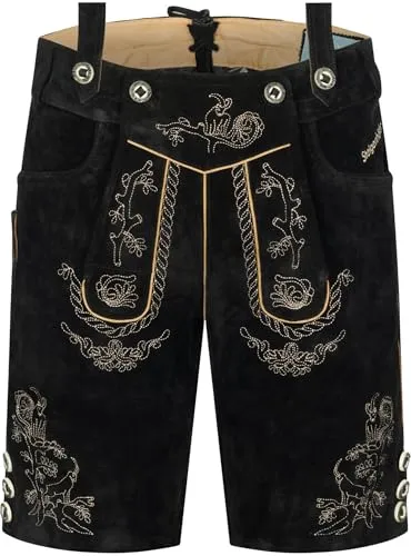 STEIGENHÖFER Herren Lederhose Ludwig - Kurze Trachtenhose aus 100% Rindsleder - Schwarz - Größe 62 - Traditionelle kurze Lederhose aus hochwertigem Rinds-Velours-Leder mit einzigartiger Stickerei. Ideal für Oktoberfest und festliche Anlässe. Bequeme Passform dank verstellbarer H-Träger.