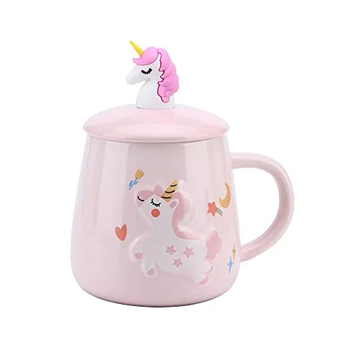 Einhorn Kaffeetassen,Keramik Becher mit Deckel und Löffel für Mädchen,Neuheit Komisch Tiere tasse Büro Reise Teetasse Weihnachtsbecher Geburtstagsgeschenk, Halloween 400ML