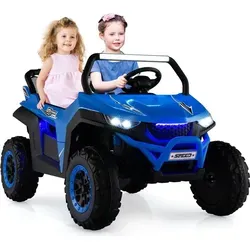 GOPLUS 12V Kinder Elektroauto, 2-Sitzer Kinderfahrzeug mit 2,4 GHz Fernbedienung, Scheinwerfer, Musik & Aufbewahrungstasche, Kinderauto mit Langsam... - Dunkelblau
