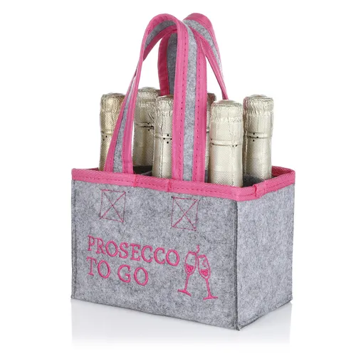FunX Flaschentasche Prosecco to Go - Filztasche für 6 Flaschen Grau / Pink