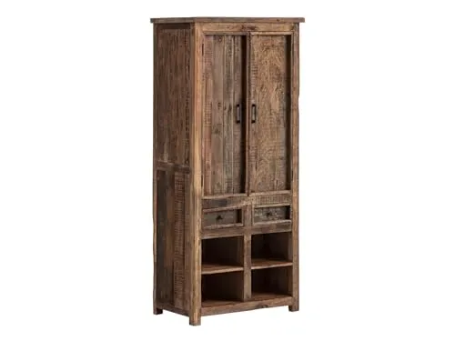 massivum Kleiderschrank Sumatra, Dielenschrank Altholz Chalet Style - Kleiderschrank aus Altholz im rustikalen Chalet-Stil, mit 2 Türen, 2 Schubladen und 4 offenen Fächern – ideal für eine stilvolle und praktische Aufbewahrung.