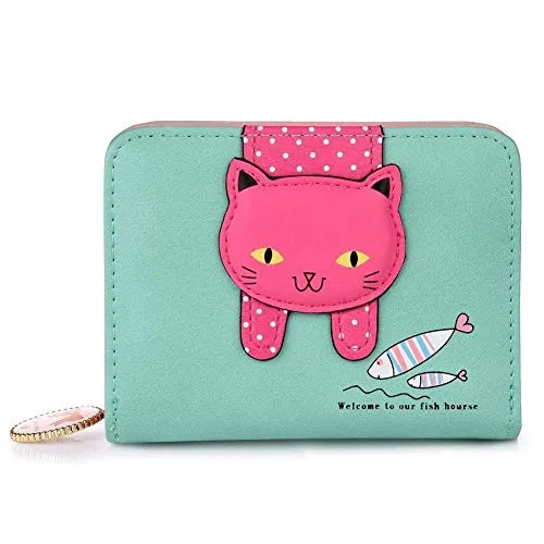 Binnan Damen Karikatur Katzen Portemonnaie,Leder Kleine Geldbörse mit Reißverschluss(Hellgrün)