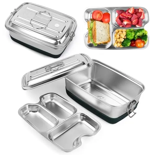 Edelstahl Brotdose 2000ML, Doppelte Metall Lunchbox mit 3 Fächern, Auslaufsichere Brotzeitdose mit Dichtungsring für Lebensmittel Sandwich Salat Obst, Protable Bento Box für Kinder und Erwachsene