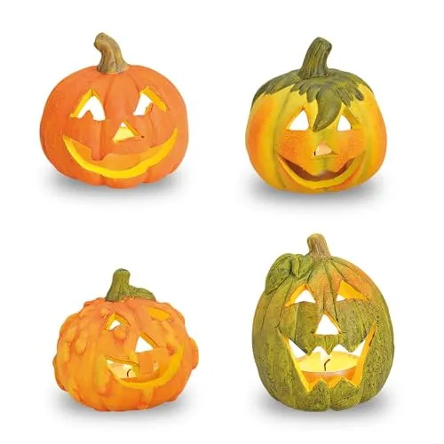 Ton Kürbis Herbstdeko Teelichthalter 4er Set - Ø 8 cm - Halloween Windlicht für Innen und Außen - Kerzenhalter Tischdeko Dekokürbis Deko Laterne klein