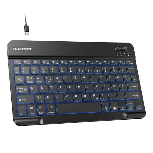 TECKNET Deutsche Bluetooth Tastatur für Tablet/iPad Mini/Pro/Air/10.2/10.9/iPhone/Android/Windows, iPad Tastatur mit Beleuchtung, Wiederaufladbar, Tragbare Kabellose, Ultra-dünn, Schwarz